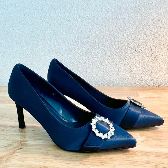 Women's 8US Pointed Toe Rhinestone Embellished Jewel Sapphire Blue Satin Pump - Picture 8 of 10